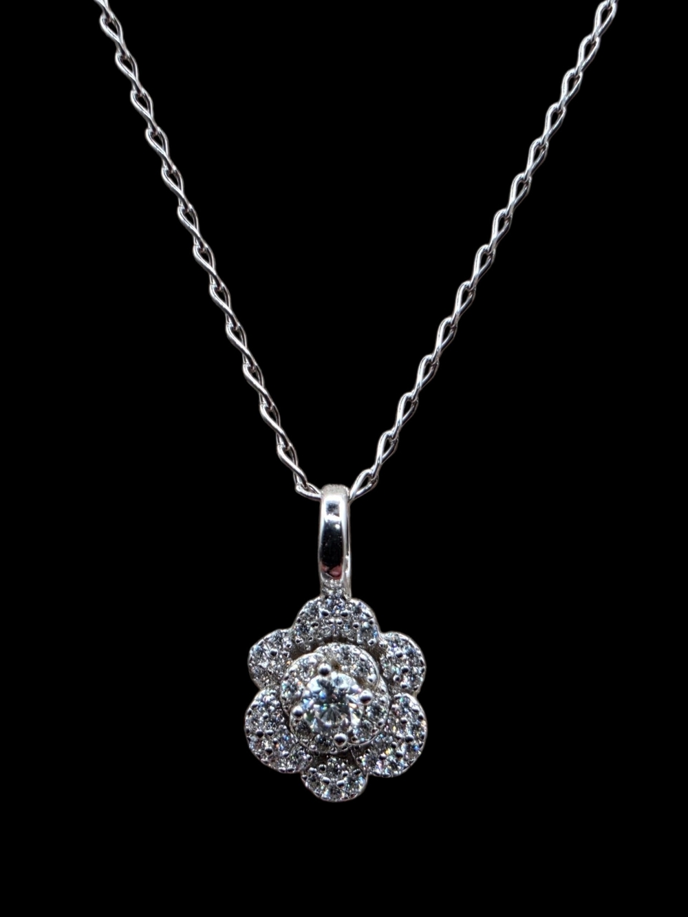 0.30 CTW Moissanite Italian Solid 925 Silver Black Rhodium Floral Halo Necklace